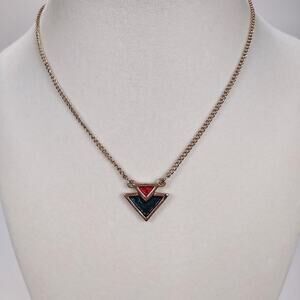 Vintage Gold Tone Sarah Coventry Green And Red Triangle Enamel 15" Necklace